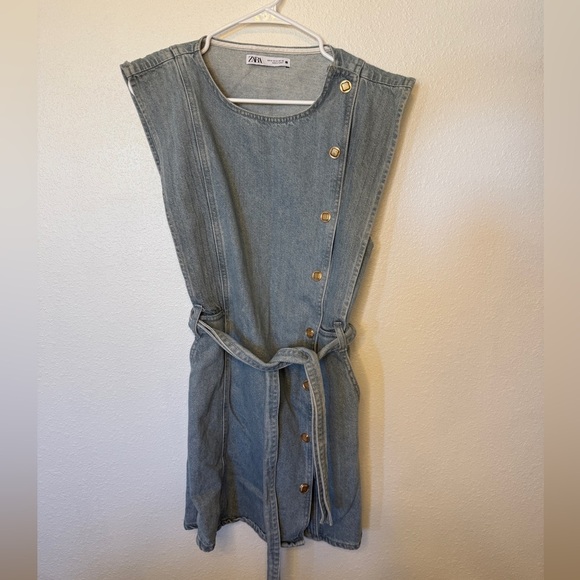 Zara Dresses & Skirts - Zara Light Blue Denim Mini Dress with Gold Buttons